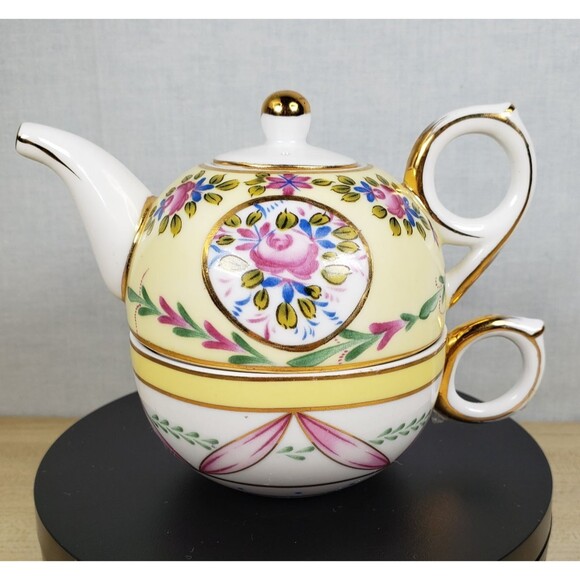 Nantucket Other - Vintage Nantucket Single Serve Teapot With Lid And Teacup Yellow Floral 4” Tall
